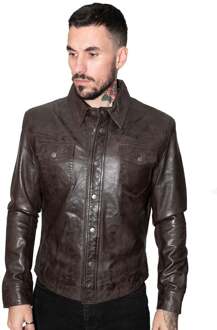 Heren retro leren overhemd jeansjack-Beijing Bruin