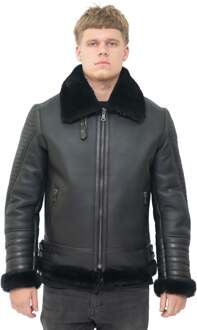 Heren retro schapenvacht bomberjack-Asheville Zwart - 3XL