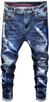 Heren Ripped Patch Jeans Jeugd Business Casual Stretch Slim Broek Mannelijke Koreaanse Mode Trend Blue Denim Broek 31