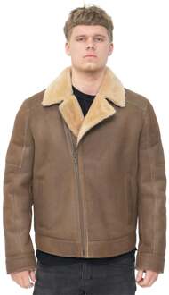 Heren schapenvacht leren bikerjack-Bruma Bruin - XL