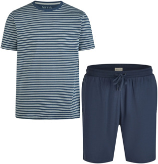 Heren shortama korte pyjama katoen blauw / grijs gestreept Print / Multi - L