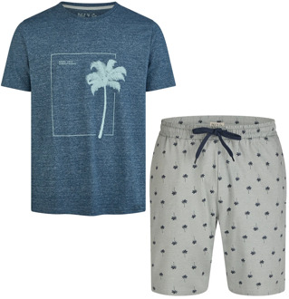 Heren shortama korte pyjama katoen palm print blauw Print / Multi - XL