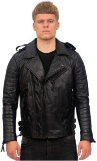 Heren slim-fit brando lederen bikerjack met dubbele rits-Caïro Zwart