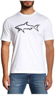 Heren T-shirt van katoen met bedrukte haai 12311633 in wit Paul & Shark , White , Heren - 2XL