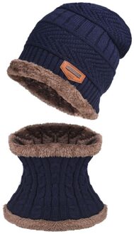 Heren Winter Hat Cap Kraag Set Winddicht Plus Fluwelen Dikke Gebreide Hoed Effen En Uitlaat Mannen Warme Muts Sjaal set Motorkap Femme Hiver Marineblauw