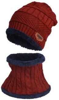 Heren Winter Hat Cap Kraag Set Winddicht Plus Fluwelen Dikke Gebreide Hoed Effen En Uitlaat Mannen Warme Muts Sjaal set Motorkap Femme Hiver Rood