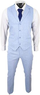 Heren Zomer 2-Delig Pak Linnen Formeel Lichtblauwe Gilet Broek