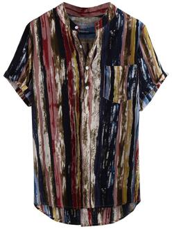 Heren Zomer Mode Stand Kraag Strip Print Korte Mouw Top Katoenen Shirt Paar Losse Fit Hawaii Ademend Snel Droog XXL