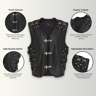 Heren zwart biker leren vest met metalen gespen - Coolgardie