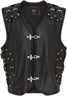 Heren zwart biker leren vest met metalen gespen - Oudtshoorn