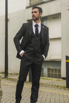 Heren Zwart Geruit 3-Delig Pak Met Tailored Fit - 46" (Chest) 40" (Waist)