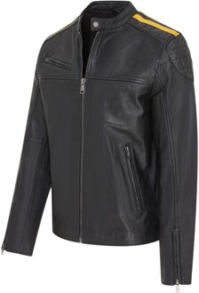 Heren Zwart Klassiek Gewatteerd Geel Leren Bikerjack - Meridian - 3XL