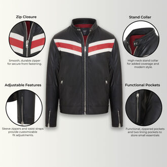 Heren Zwarte Café Racer Biker Leren Jack - Aniak - maat S Zwart/rood
