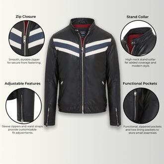 Heren Zwarte Café Racer Biker Leren Jack - Aniak Zwart/blauw - S