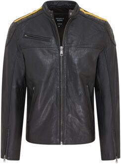 Heren zwarte klassieke gewatteerde gele streep leren bikerjack - Velocity - XL