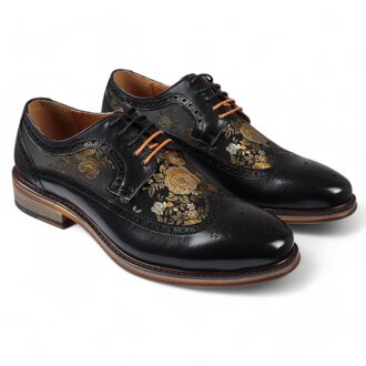 Heren Zwarte Leren Bloemenprint Brogue Dress Schoenen - Ross - EU 43 / UK 9