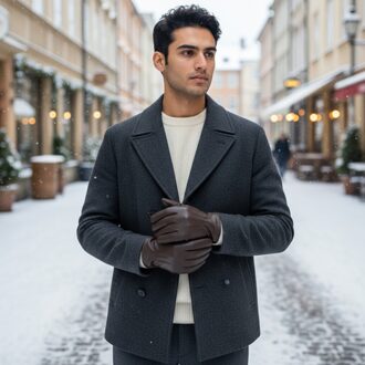 Herenhandschoenen van bruin Italiaans leer met warme wollen voering en wintersteekmotief voor rijden en casual rijden Donker Bruin - S