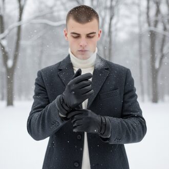 Herenhandschoenen van zwart Italiaans leer met warme wollen voering voor winterfietsen en casual rijden - 2XL