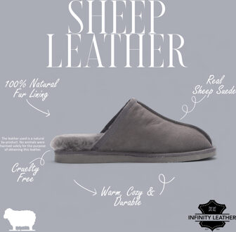 Herenmuil van echt schapenvacht, grijs suède, winterwarm en antislip - Highland