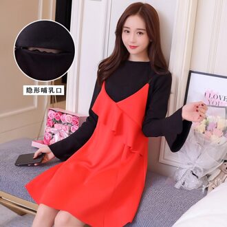 Herfst Borstvoeding Kleding Set Trompet Mouw Verpleging Shirts + Band Jurk Postpartum Vrouw Borstvoeding Tweedelige Set Ruches Pak Xxl