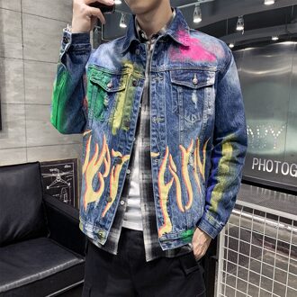 Herfst Denim Jas Heren Losse Wilde Graffiti Alfabet Print Koreaanse Bomberjack Casual Streetwear Bovenkleding Chaquetas Hombre aziatisch size M