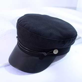 Herfst En Winter Veelzijdige Flat Top Hat Lady Lederen Knop Mode Lederen Hoed Mode Hoed zwart