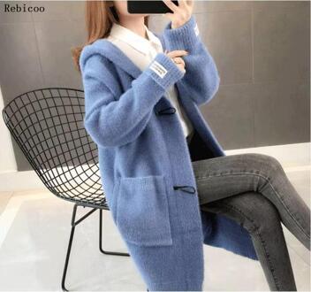 Herfst En Winter Wollen Jas Vrouwelijke Mid-Lange Koreaanse Temperament Vrouwen Populaire Bovenkleding Wollen Jas Vrouwen Trui Blauw