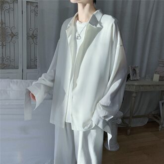 Herfst Jurk Shirt mannen Mode Effen Kleur Business Casual Society Mannen Shirt Man Streetwear Wilde Losse Lange- mouwen wit / L