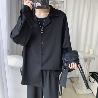 Herfst Jurk Shirt mannen Mode Effen Kleur Business Casual Society Mannen Shirt Man Streetwear Wilde Losse Lange- mouwen zwart / L