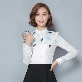 Herfst Koreaanse hout oor kraag shirt dragen chiffon overhemd afdrukken Slim