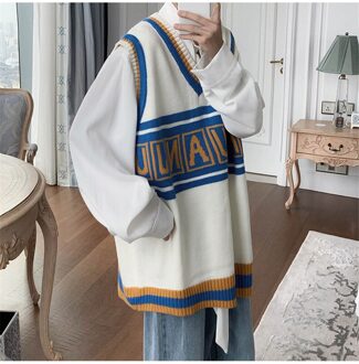 Herfst Koreaanse Versie Van De Trend Van V-hals Mouwloze Borduren Gebreide Trui Vest Losse Jas Vest Mannen College Stijl wit / Xl