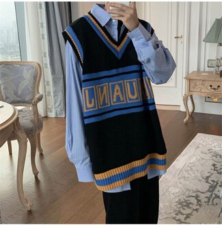 Herfst Koreaanse Versie Van De Trend Van V-hals Mouwloze Borduren Gebreide Trui Vest Losse Jas Vest Mannen College Stijl zwart / Xxl