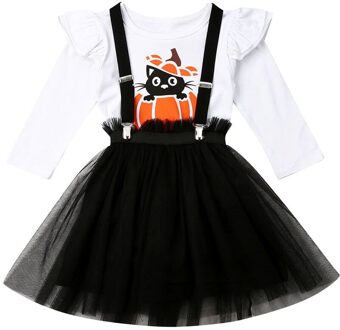 Herfst Lente Halloween Kids Peuter Meisjes Kleding Lange Mouw Pompoen Print T-shirts + Bandjes Tule Rok Set Kinderen Kleding 24 Months