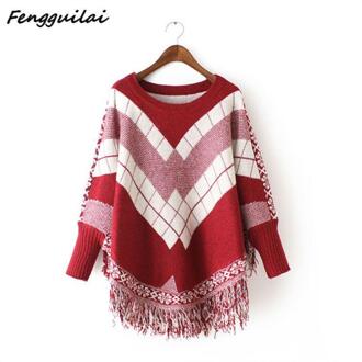 Herfst O-hals Ban Kleur Jacquard Kwastje Mantel Trui Vrouwen Batwing Truien Ban Kleur Jacquard Omzoomd Knitwear Rood