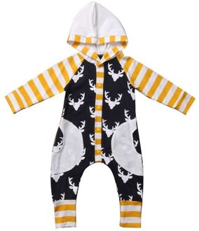 Herfst Pasgeboren Baby Jongen Meisje Kleding Lange Mouw Gestreepte Herten Print Hooded Romper Jumpsuit Een Stukken Outfits 0- 2T 18m