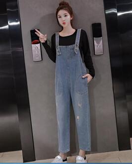 Herfst Postpartum Vrouwen Verpleging Kleding Set Lange Losse Denim Overalls + Lange Mouwen Rits Borstvoeding Katoenen T-shirt Twinset blauw / Xxl