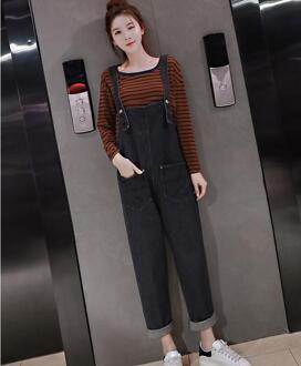 Herfst Postpartum Vrouwen Verpleging Kleding Set Lange Losse Denim Overalls + Lange Mouwen Rits Borstvoeding Katoenen T-shirt Twinset zwart / L