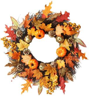 Herfst Simulatie Pompoen Krans 60Cm Voordeur Display Krans Rotan Berry Maple Leaf Fall Deur Krans Muur Raam Spooky