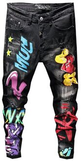 Herfst Toevallige Mannen Raggedness Graffiti Jeans Broek Zwart Tiener Micro Elastische Print Mode Persoonlijkheid Broek aziatisch size 29