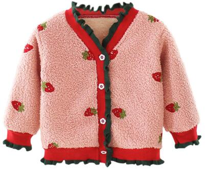 Herfst Winter Baby Meisje Jas Kinderen Lange Mouwen Kleding Katoen Leisure Dagelijkse Mooie Aardbei Vest Dikker Knoppen Kleding Roze / 24M