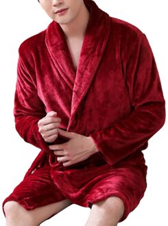 Herfst Winter Flanel Lange Gewaad Mannen Casual Kimono Badjas Dikke Warme Nachtkleding Nachtjapon Mannelijke Mode Effen Losse Homewear wijn rood