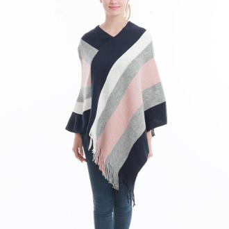 Herfst Winter Gestreepte Kwastje Gebreide Mantel Vrouwen Casual V-hals Losse Gebreide Trui Vrouwelijke Trui Poncho Mantel roze
