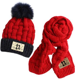 Herfst Winter Jongen Meisje Warm Thicken Pompom Bobble Hoed Sjaal Set Warm Breien Set voor Kinderen Dragen rood