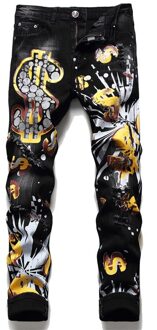 Herfst Winter Mannen Slim Pp Wassen Jeans Black Print Gebroken Gat Broek Mode Verf Print Broek Ripped denim Broek aziatisch size 29