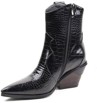 Herfst Winter Mode Cowgirl Laarzen Vrouwen Schoenen Westerse Cowboy Enkellaarsjes Puntschoen Lederen Zwarte Schoenen Vrouw Hak Laarzen 36