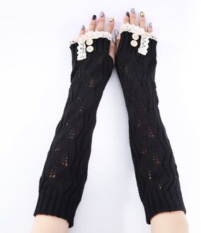 Herfst Winter Mode Handschoen Jaar Kant Knop Gebreide Garen Warm Houden Vingerloze Half Vinger Lady Vrouwen Arm Lange handschoenen zwart