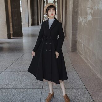 Herfst Winter Vintage Vrouwen Jas Wollen Doek Losse Lange Overjas Frankrijk Stijl Dikker Vrouwelijke Zwarte Jas M