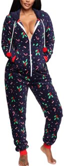 Herfst Winter Vrouwen Hooded Jumpsuits Leuke Kerst Patroon Casual Homewear Pyjama Vrouwelijke Lange Mouwen Ritsen Rompertjes Nachtkleding Blauw / L