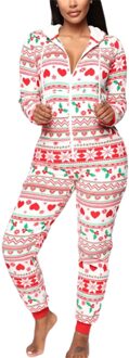 Herfst Winter Vrouwen Hooded Jumpsuits Leuke Kerst Patroon Casual Homewear Pyjama Vrouwelijke Lange Mouwen Ritsen Rompertjes Nachtkleding Rood / L