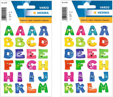 Herma 4x Stickervelletjes met 96x stuks plak letters A-Z gekleurde letters met gezichtjes 28 mm